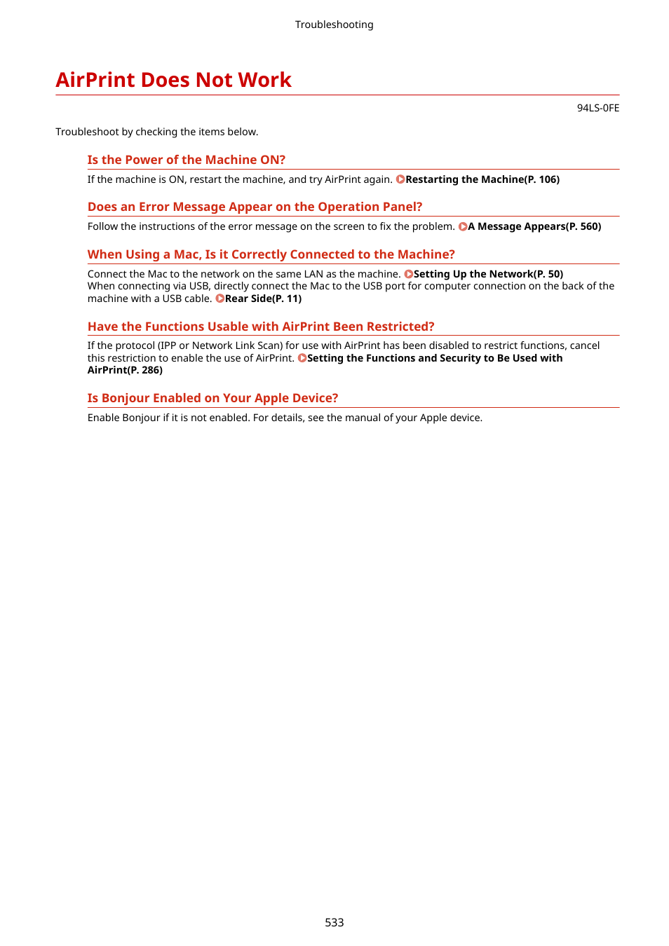 Airprint does not work, Airprint does not work(p. 533) | Canon imageCLASS MF275dw Wireless All-In-One Monochrome Laser Printer User Manual | Page 542 / 633