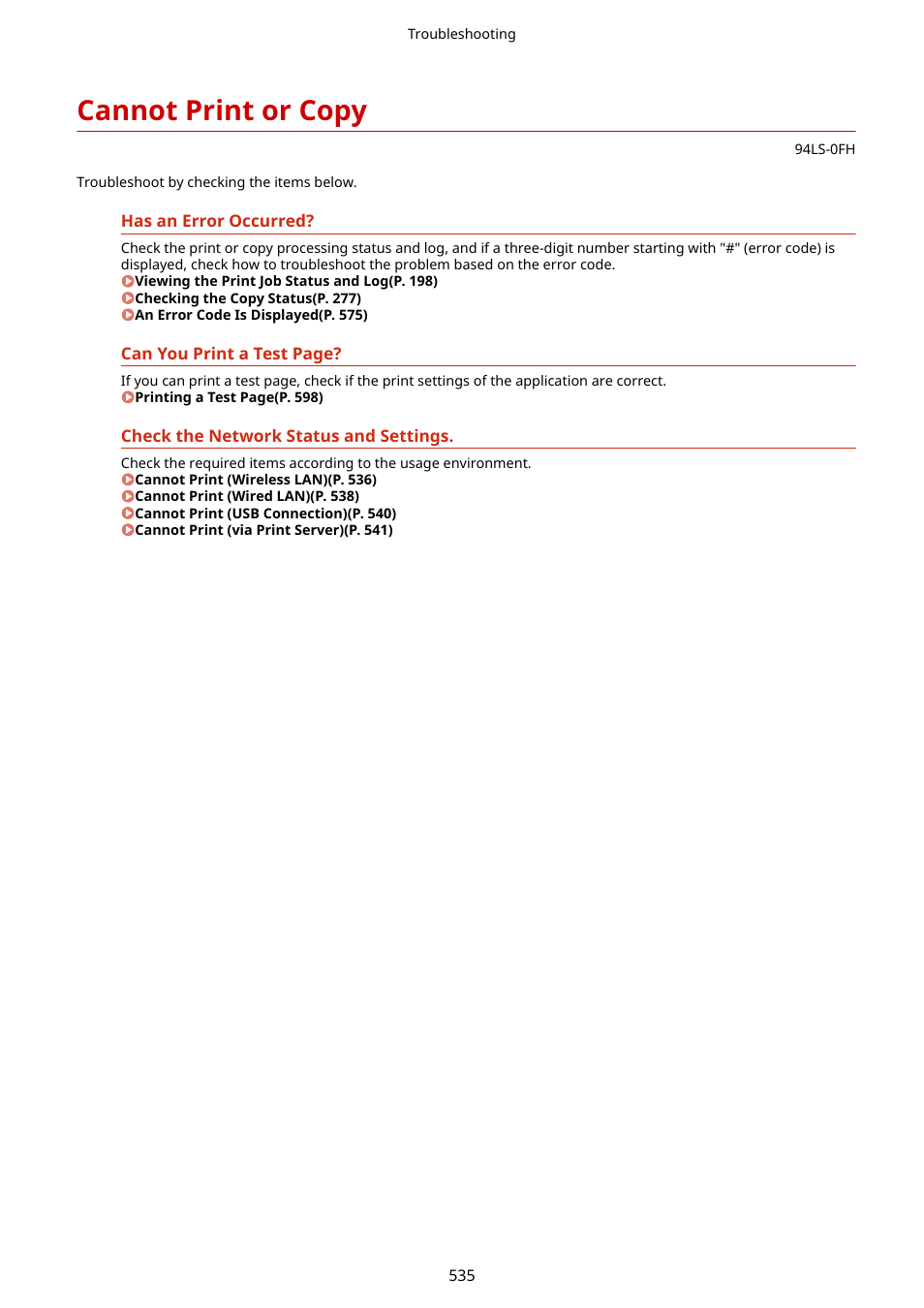 Cannot print or copy, Cannot print or copy(p. 535) | Canon imageCLASS MF275dw Wireless All-In-One Monochrome Laser Printer User Manual | Page 544 / 633