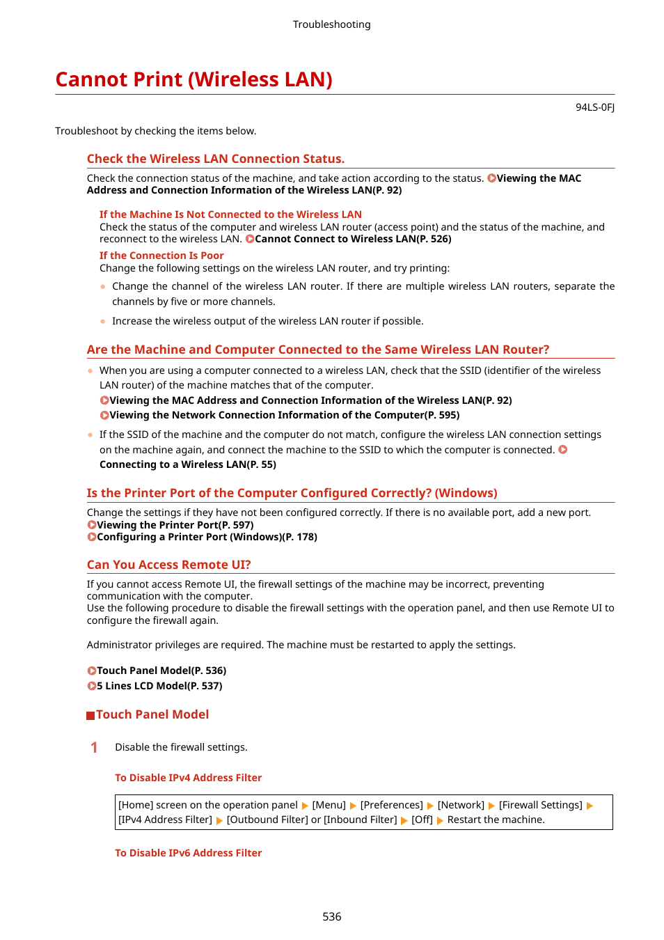 Cannot print (wireless lan), Cannot print (wireless lan)(p. 536) | Canon imageCLASS MF275dw Wireless All-In-One Monochrome Laser Printer User Manual | Page 545 / 633