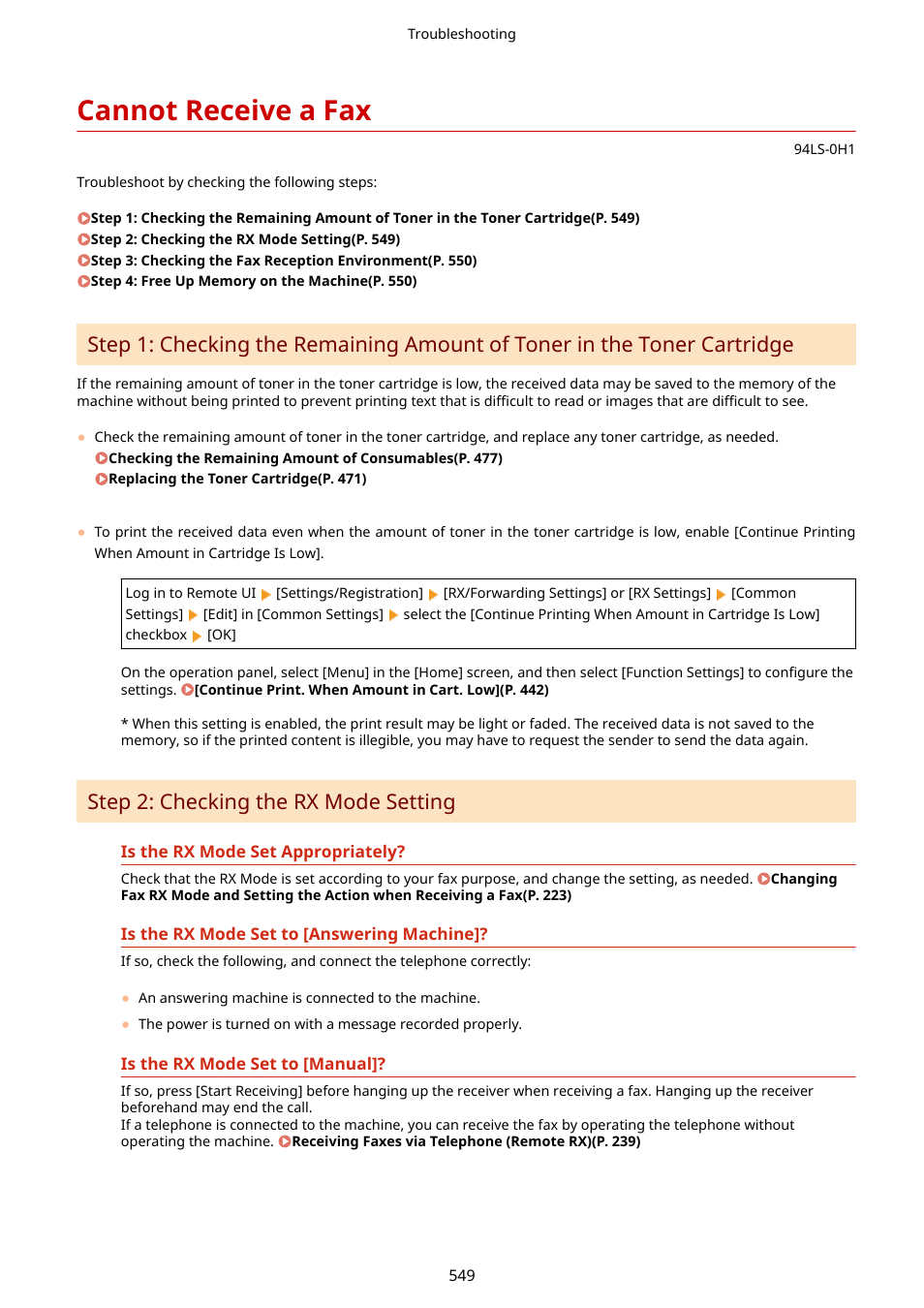 Cannot receive a fax, Cannot receive a fax(p. 549), Step 2: checking the rx mode setting | Canon imageCLASS MF275dw Wireless All-In-One Monochrome Laser Printer User Manual | Page 558 / 633