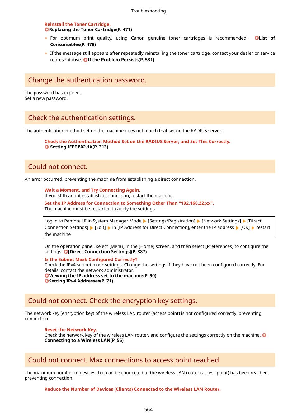 Change the authentication password, Check the authentication settings, Could not connect | Canon imageCLASS MF275dw Wireless All-In-One Monochrome Laser Printer User Manual | Page 573 / 633