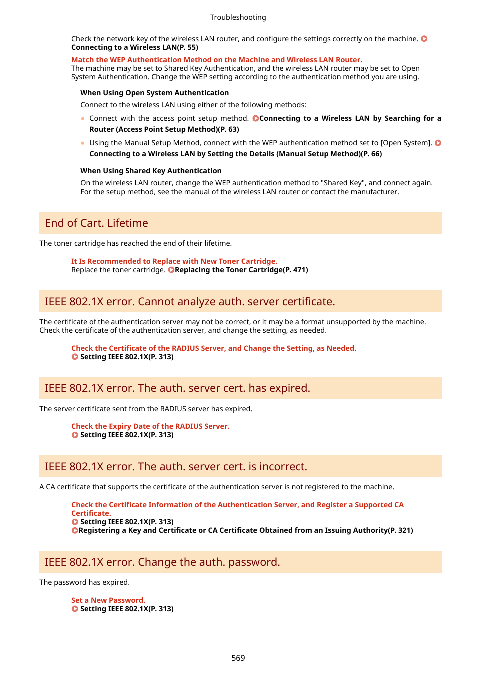 End of cart. lifetime, Ieee 802.1x error. change the auth. password | Canon imageCLASS MF275dw Wireless All-In-One Monochrome Laser Printer User Manual | Page 578 / 633