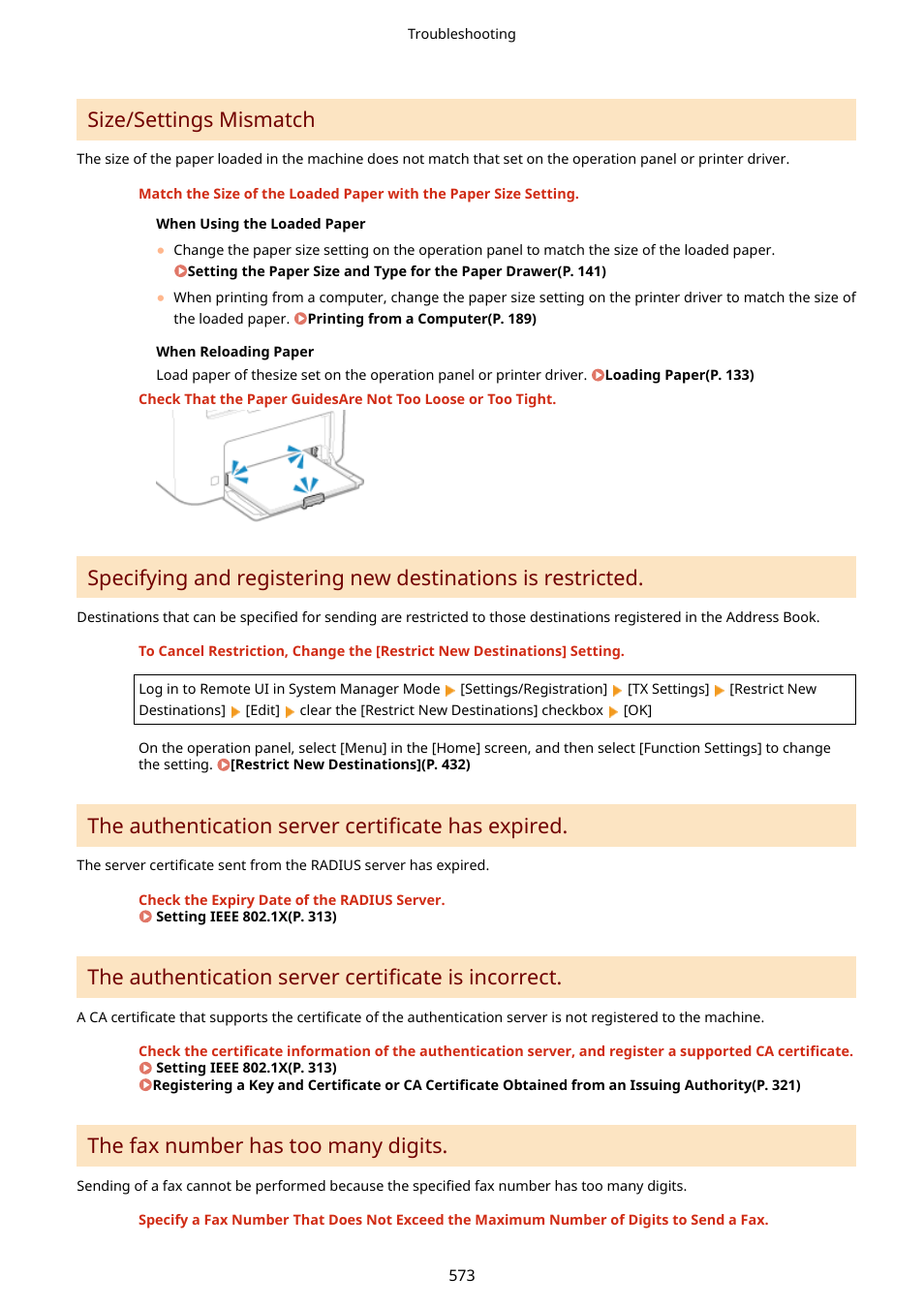Size/settings mismatch, The authentication server certificate has expired, The authentication server certificate is incorrect | The fax number has too many digits | Canon imageCLASS MF275dw Wireless All-In-One Monochrome Laser Printer User Manual | Page 582 / 633