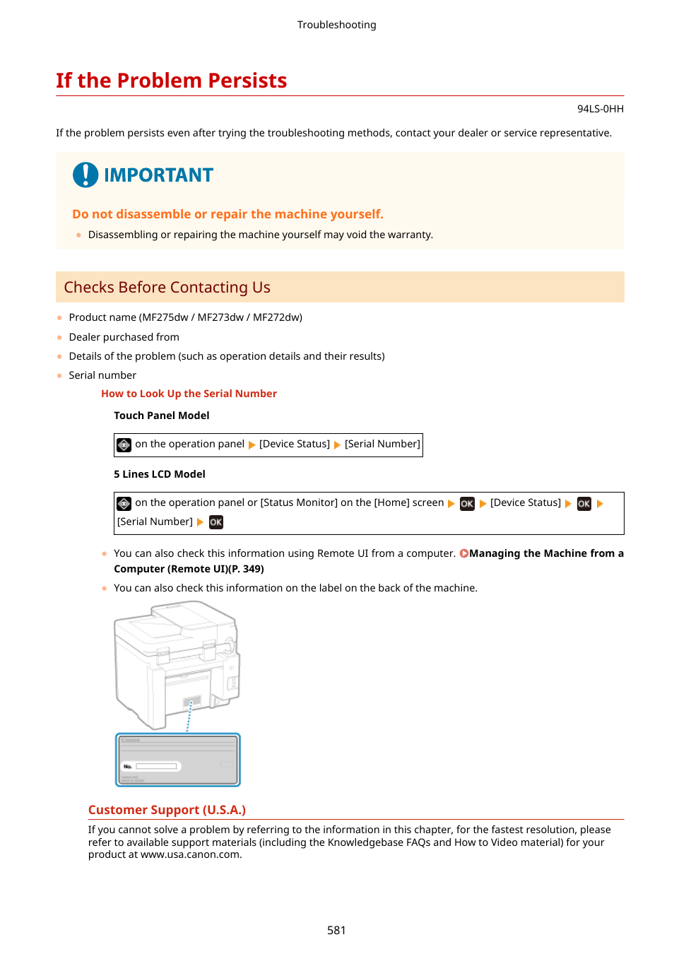 If the problem persists, If the problem persists(p. 581), Esentative. if the problem persists(p. 581) | If the problem, Persists(p. 581), Checks before contacting us | Canon imageCLASS MF275dw Wireless All-In-One Monochrome Laser Printer User Manual | Page 590 / 633