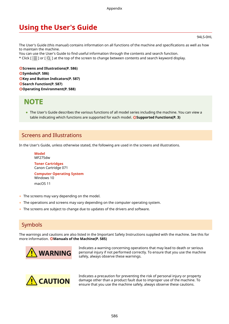 Using the user's guide, Using the user's guide(p. 586), Screens and illustrations | Symbols | Canon imageCLASS MF275dw Wireless All-In-One Monochrome Laser Printer User Manual | Page 595 / 633