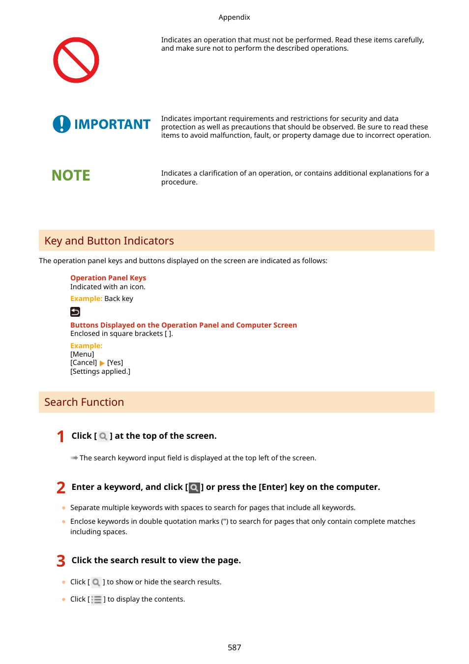 Key and button indicators, Search function | Canon imageCLASS MF275dw Wireless All-In-One Monochrome Laser Printer User Manual | Page 596 / 633