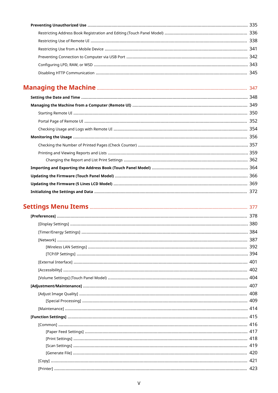 Managing the machine, Settings menu items | Canon imageCLASS MF275dw Wireless All-In-One Monochrome Laser Printer User Manual | Page 6 / 633