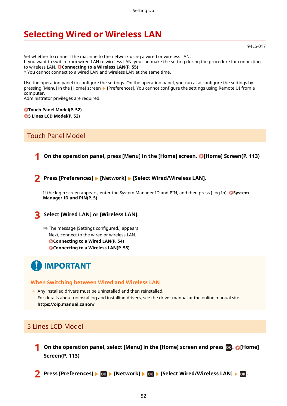 Selecting wired or wireless lan, Selecting wired or wireless lan(p. 52) | Canon imageCLASS MF275dw Wireless All-In-One Monochrome Laser Printer User Manual | Page 61 / 633