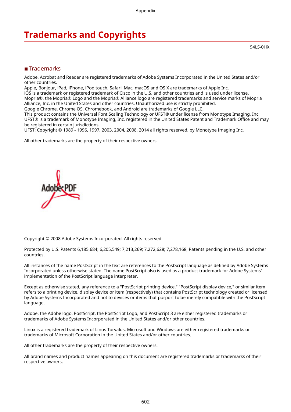Trademarks and copyrights, Trademarks and copyrights(p. 602) | Canon imageCLASS MF275dw Wireless All-In-One Monochrome Laser Printer User Manual | Page 611 / 633