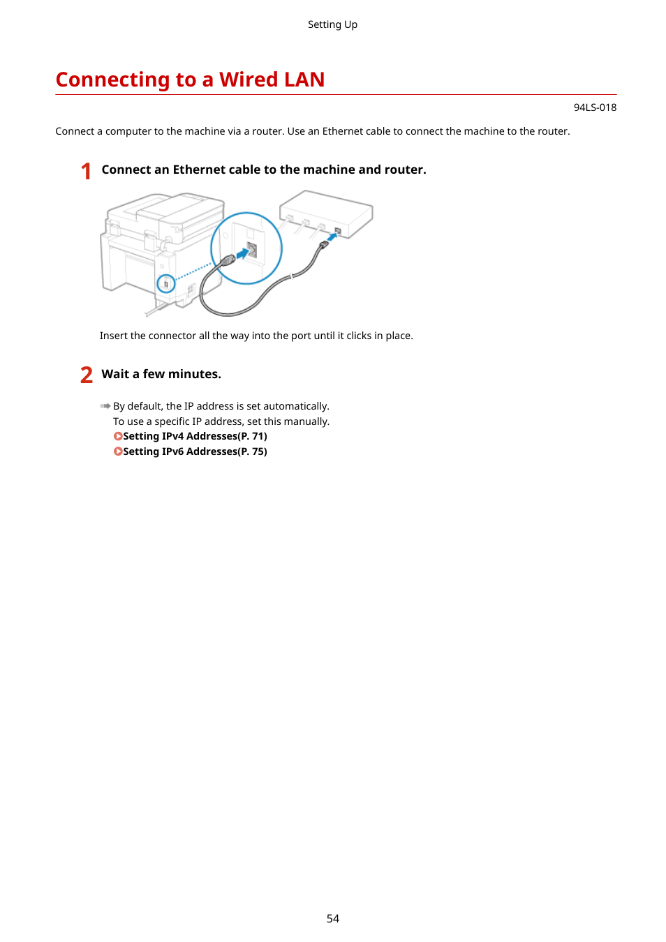 Connecting to a wired lan, Connecting to a wired lan(p. 54) | Canon imageCLASS MF275dw Wireless All-In-One Monochrome Laser Printer User Manual | Page 63 / 633