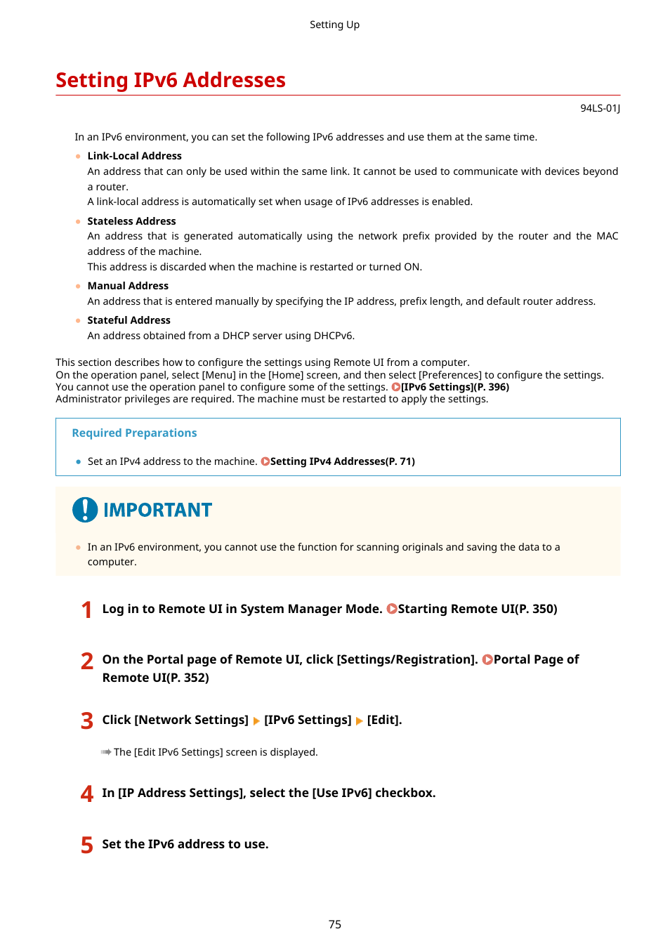 Setting ipv6 addresses, Setting ipv6 addresses(p. 75) | Canon imageCLASS MF275dw Wireless All-In-One Monochrome Laser Printer User Manual | Page 84 / 633