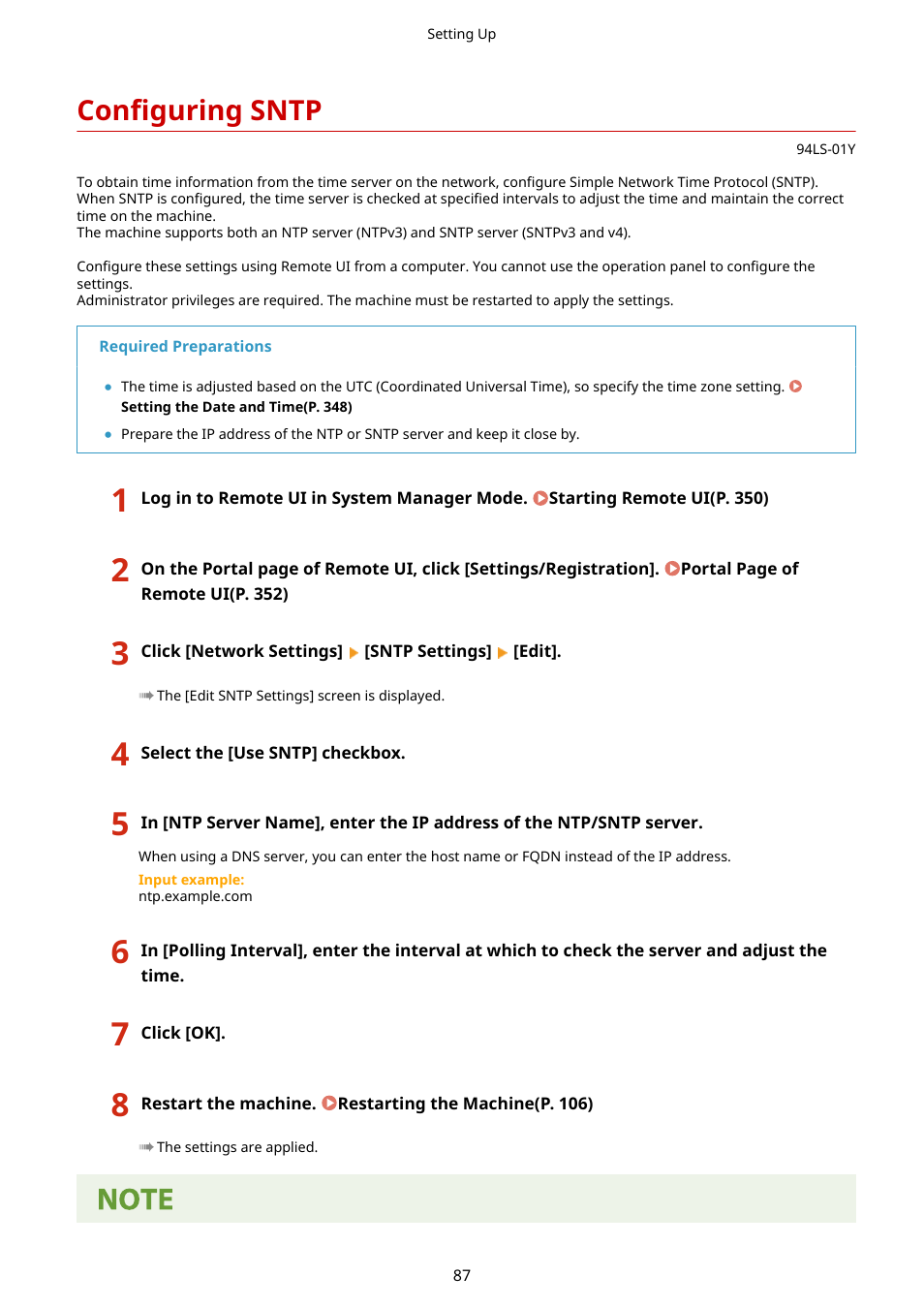 Configuring sntp, Configuring sntp(p. 87) | Canon imageCLASS MF275dw Wireless All-In-One Monochrome Laser Printer User Manual | Page 96 / 633