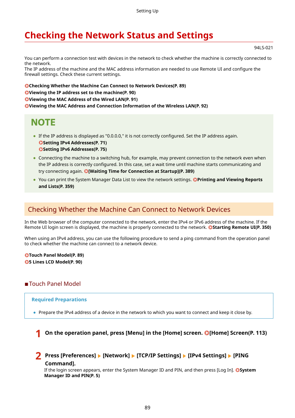 Checking the network status and settings, Checking the network status and settings(p. 89) | Canon imageCLASS MF275dw Wireless All-In-One Monochrome Laser Printer User Manual | Page 98 / 633