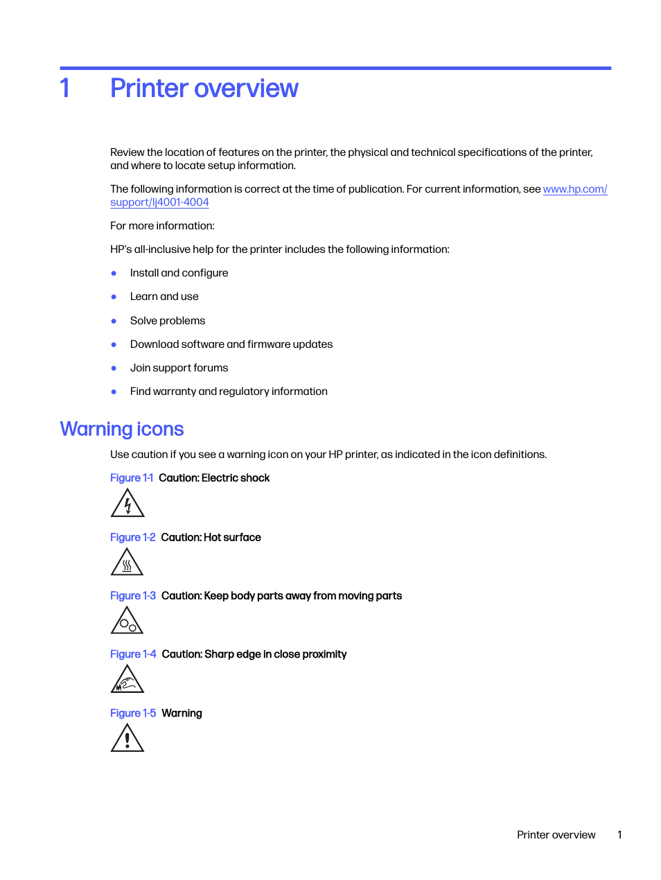 Printer overview, Warning icons, 1 printer overview | Printer overview 1 | HP LaserJet Pro 4001dw Monochrome Wireless Printer User Manual | Page 10 / 158
