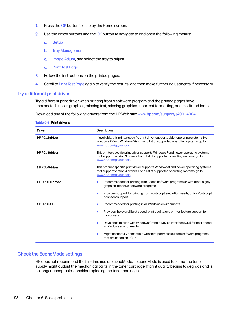 Try a different print driver, Check the economode settings | HP LaserJet Pro 4001dw Monochrome Wireless Printer User Manual | Page 107 / 158