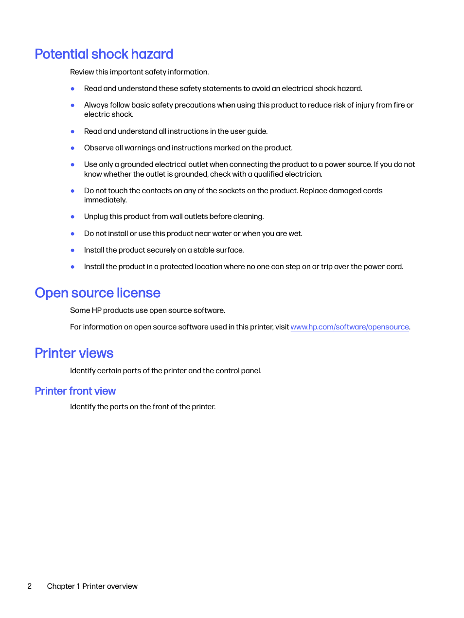 Potential shock hazard, Open source license, Printer views | Printer front view | HP LaserJet Pro 4001dw Monochrome Wireless Printer User Manual | Page 11 / 158