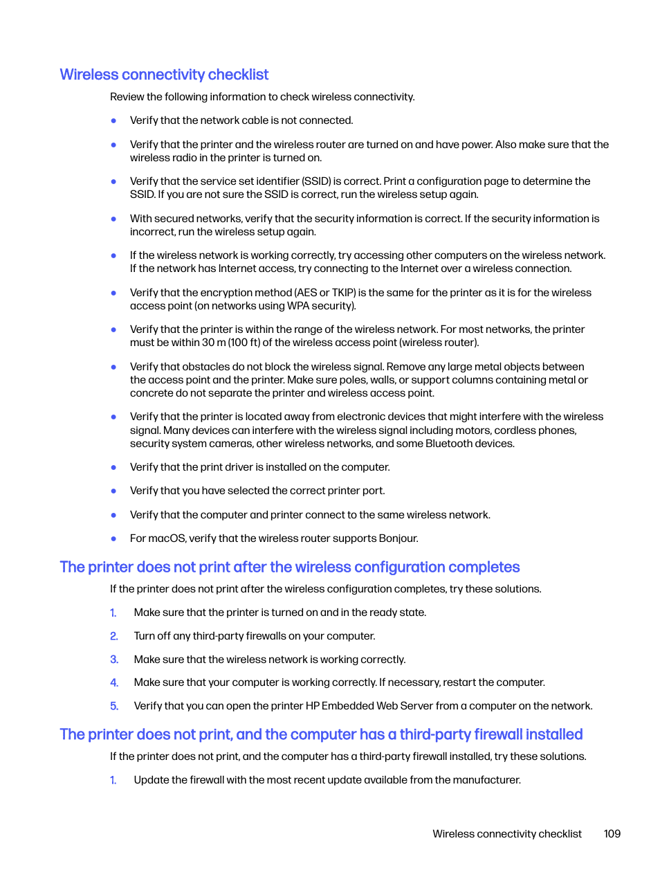 Wireless connectivity checklist | HP LaserJet Pro 4001dw Monochrome Wireless Printer User Manual | Page 118 / 158