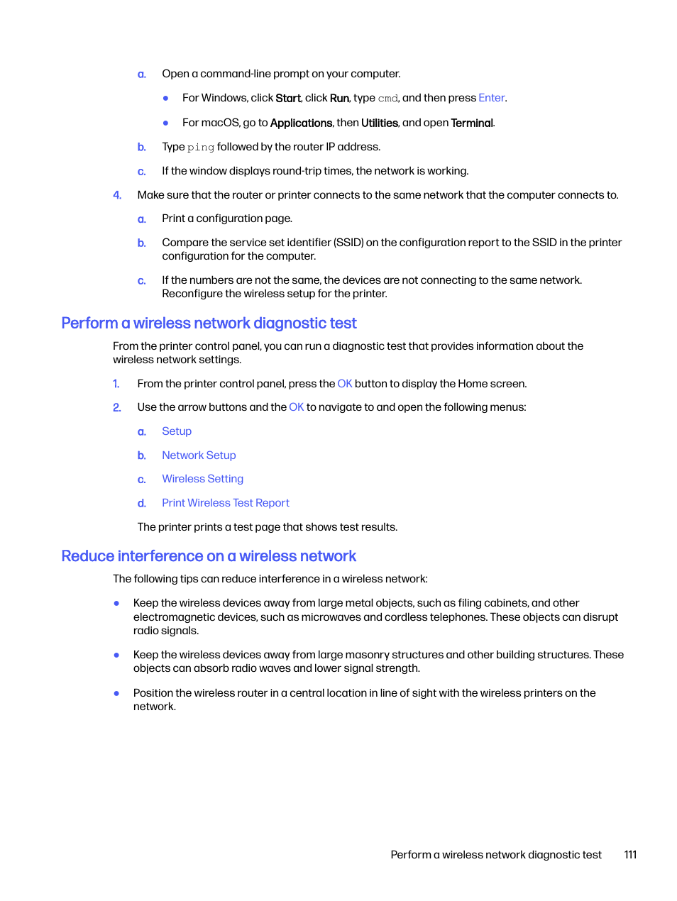 Perform a wireless network diagnostic test, Reduce interference on a wireless network | HP LaserJet Pro 4001dw Monochrome Wireless Printer User Manual | Page 120 / 158