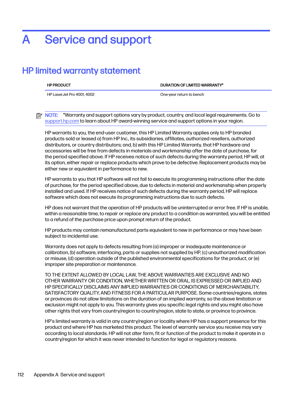 Service and support, Hp limited warranty statement, Appendix a service and support | Service and support a | HP LaserJet Pro 4001dw Monochrome Wireless Printer User Manual | Page 121 / 158