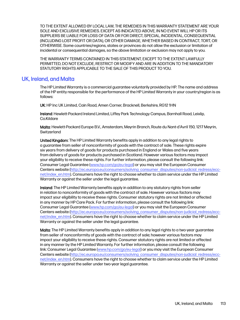 Uk, ireland, and malta | HP LaserJet Pro 4001dw Monochrome Wireless Printer User Manual | Page 122 / 158