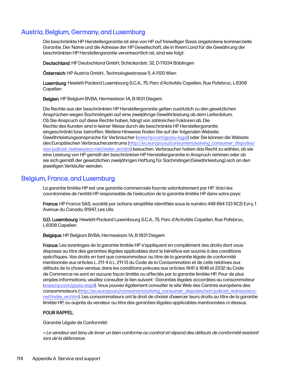 Austria, belgium, germany, and luxemburg, Belgium, france, and luxemburg | HP LaserJet Pro 4001dw Monochrome Wireless Printer User Manual | Page 123 / 158