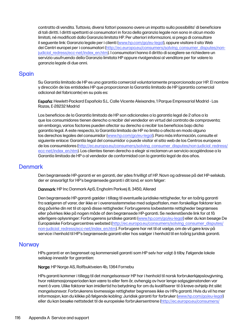 Spain, Denmark, Norway | HP LaserJet Pro 4001dw Monochrome Wireless Printer User Manual | Page 125 / 158