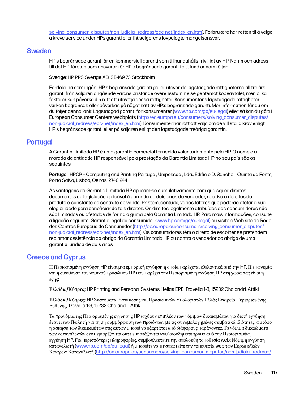 Sweden, Portugal, Greece and cyprus | HP LaserJet Pro 4001dw Monochrome Wireless Printer User Manual | Page 126 / 158