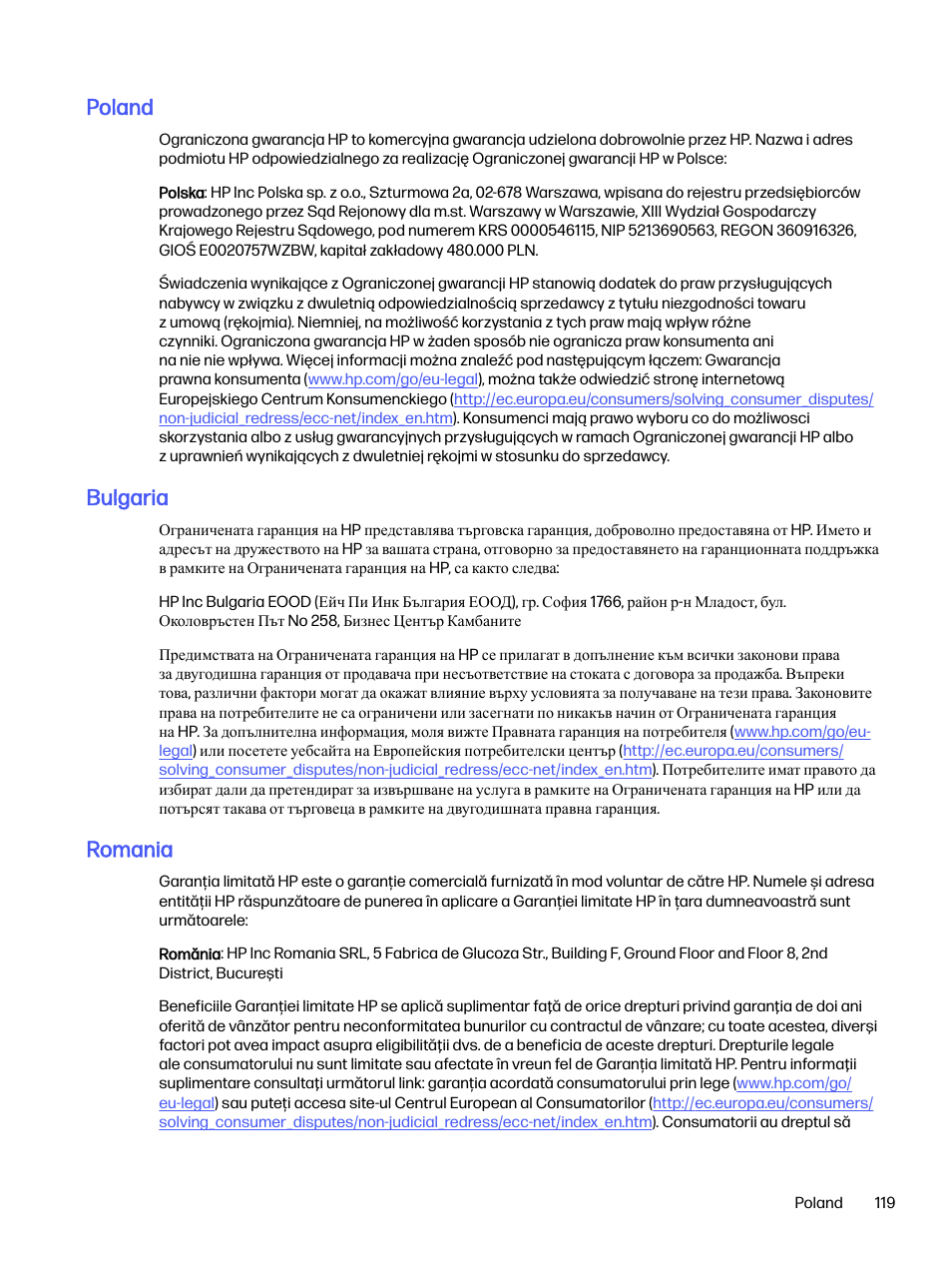 Poland, Bulgaria, Romania | HP LaserJet Pro 4001dw Monochrome Wireless Printer User Manual | Page 128 / 158