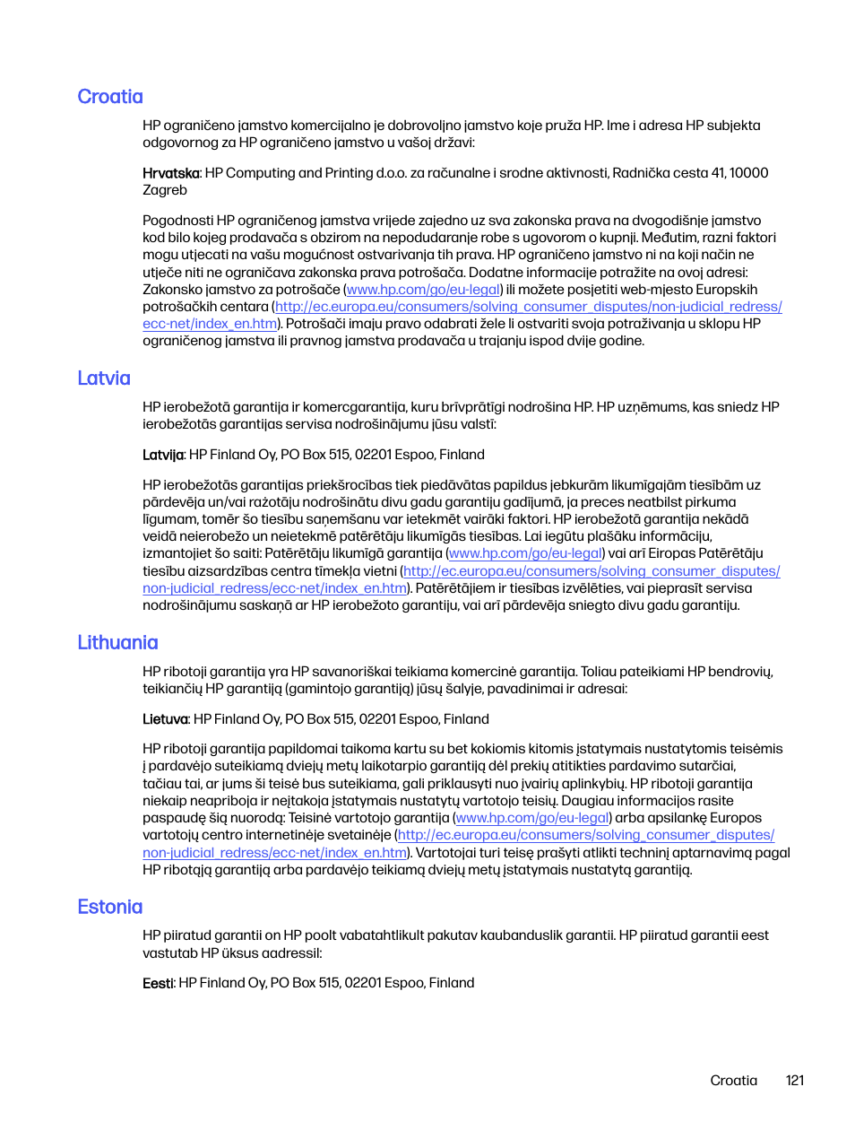 Croatia, Latvia, Lithuania | Estonia | HP LaserJet Pro 4001dw Monochrome Wireless Printer User Manual | Page 130 / 158