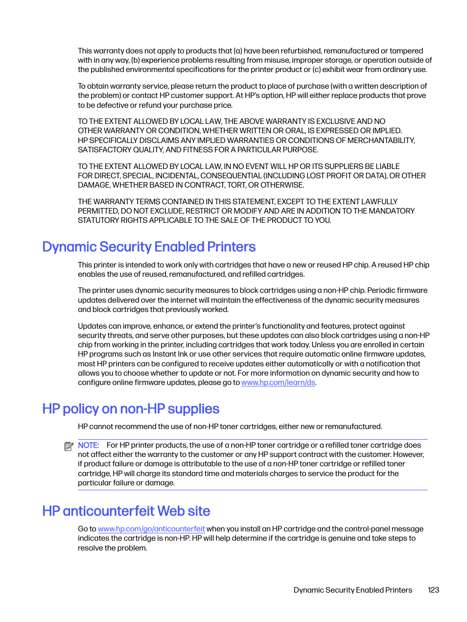 Dynamic security enabled printers, Hp policy on non-hp supplies, Hp anticounterfeit web site | HP LaserJet Pro 4001dw Monochrome Wireless Printer User Manual | Page 132 / 158