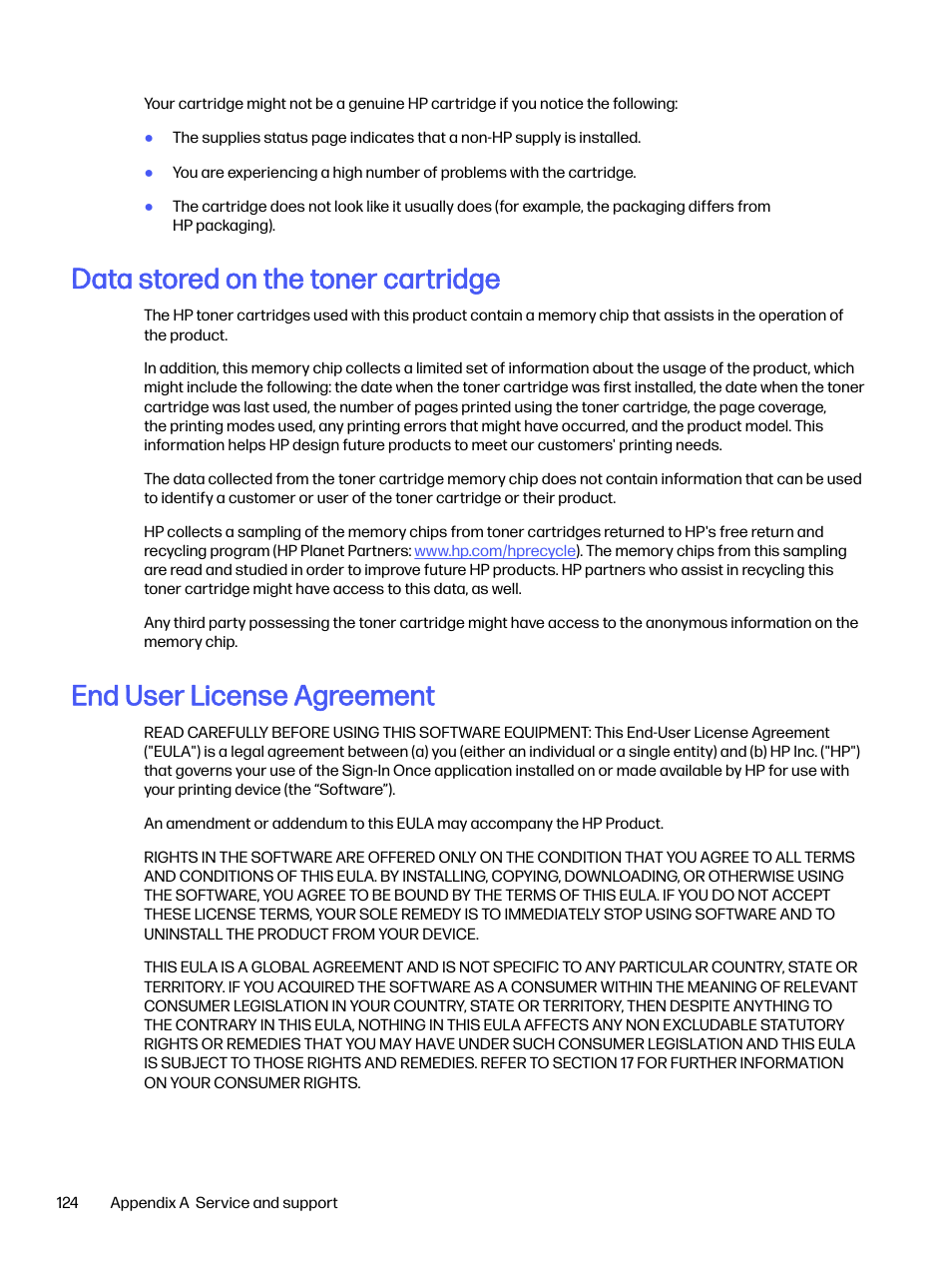 Data stored on the toner cartridge, End user license agreement | HP LaserJet Pro 4001dw Monochrome Wireless Printer User Manual | Page 133 / 158