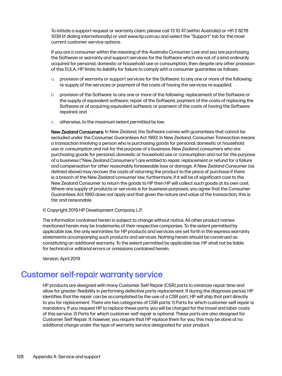 Customer self-repair warranty service | HP LaserJet Pro 4001dw Monochrome Wireless Printer User Manual | Page 137 / 158