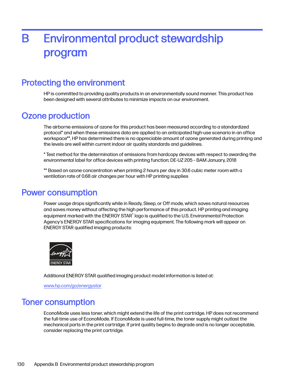 Environmental product stewardship program, Protecting the environment, Ozone production | Power consumption, Toner consumption, Environmental product stewardship program b | HP LaserJet Pro 4001dw Monochrome Wireless Printer User Manual | Page 139 / 158