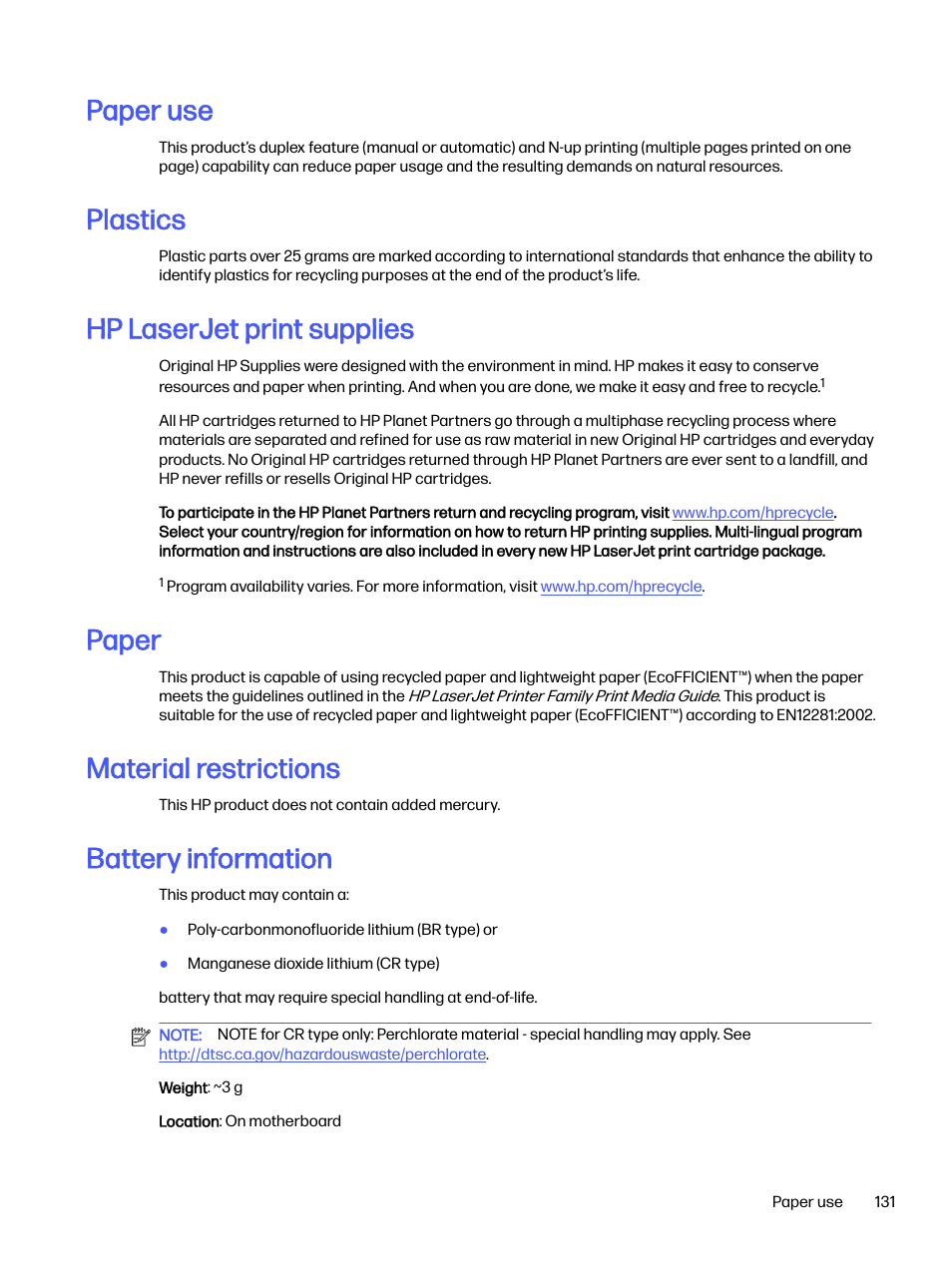 Paper use, Plastics, Hp laserjet print supplies | Paper, Material restrictions, Battery information | HP LaserJet Pro 4001dw Monochrome Wireless Printer User Manual | Page 140 / 158