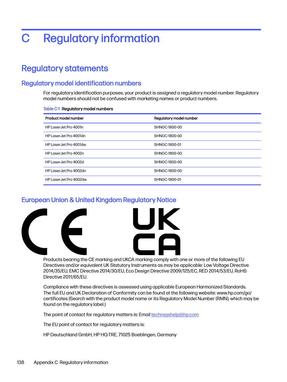 Regulatory information, Regulatory statements, Regulatory model identification numbers | European union & united kingdom regulatory notice, Appendix c regulatory information, Regulatory information c | HP LaserJet Pro 4001dw Monochrome Wireless Printer User Manual | Page 147 / 158