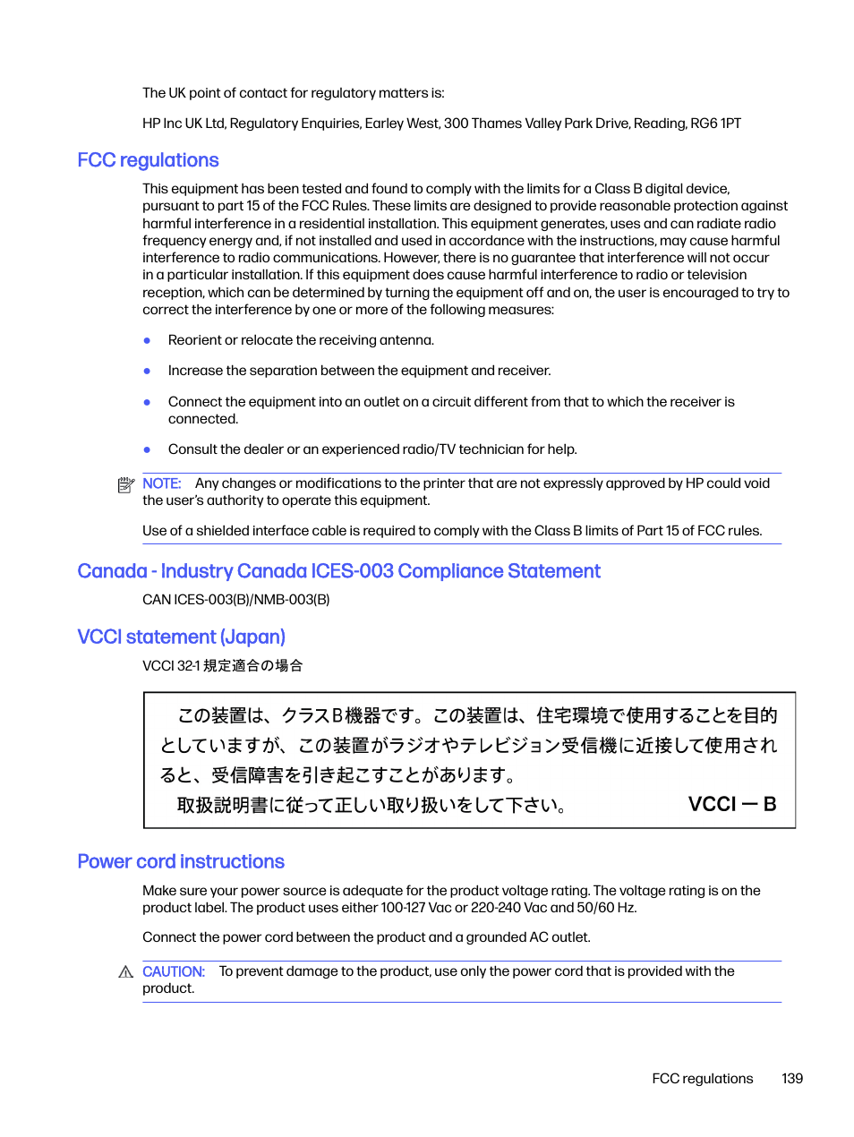 Fcc regulations, Vcci statement (japan), Power cord instructions | HP LaserJet Pro 4001dw Monochrome Wireless Printer User Manual | Page 148 / 158