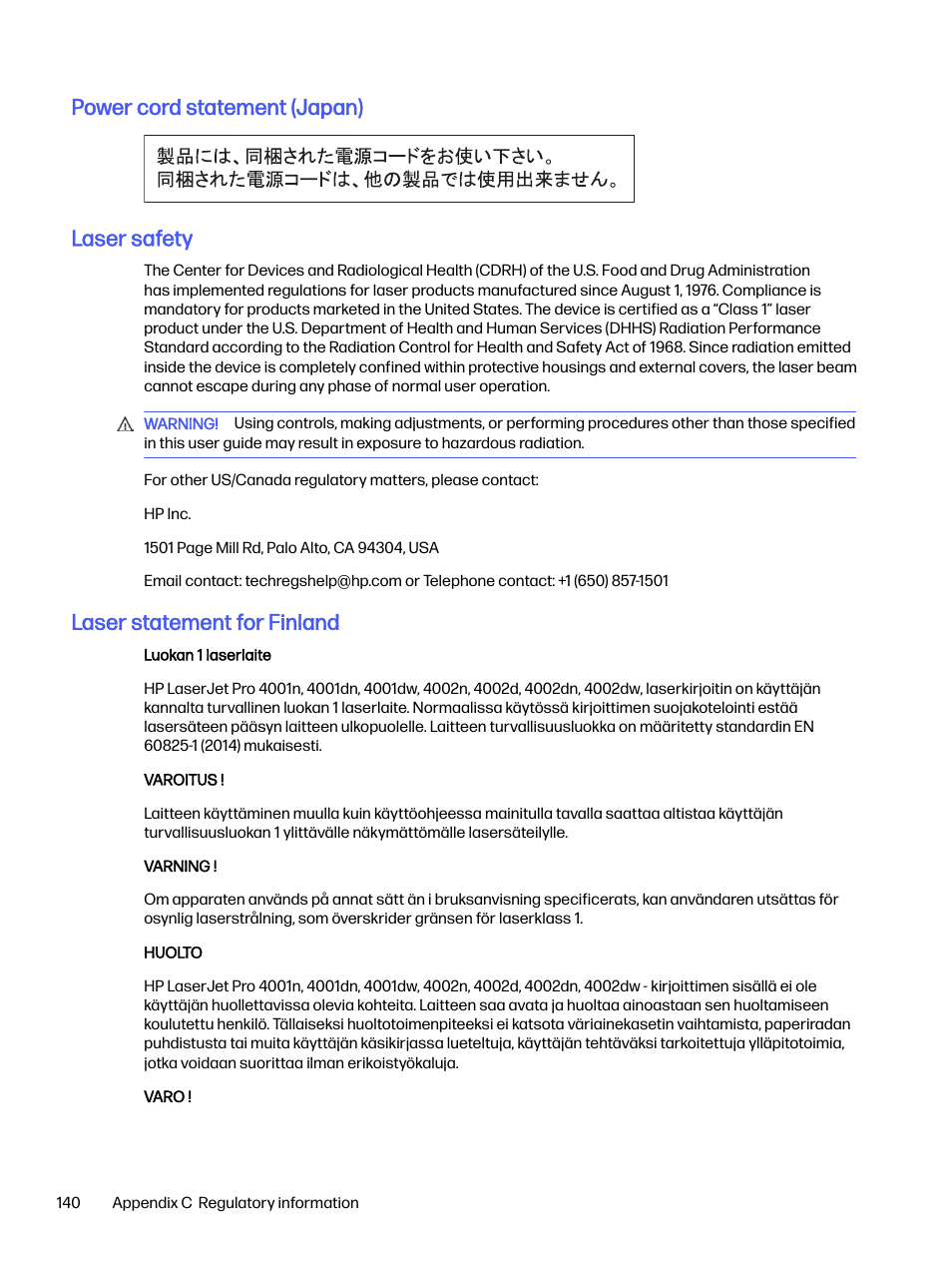 Power cord statement (japan), Laser safety, Laser statement for finland | Power cord statement (japan) laser safety | HP LaserJet Pro 4001dw Monochrome Wireless Printer User Manual | Page 149 / 158