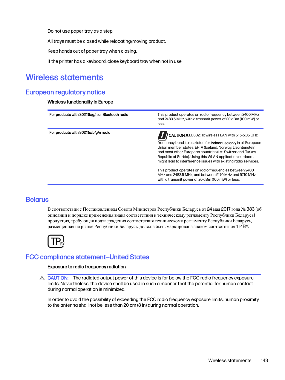 Wireless statements, European regulatory notice, Belarus | Fcc compliance statement—united states | HP LaserJet Pro 4001dw Monochrome Wireless Printer User Manual | Page 152 / 158