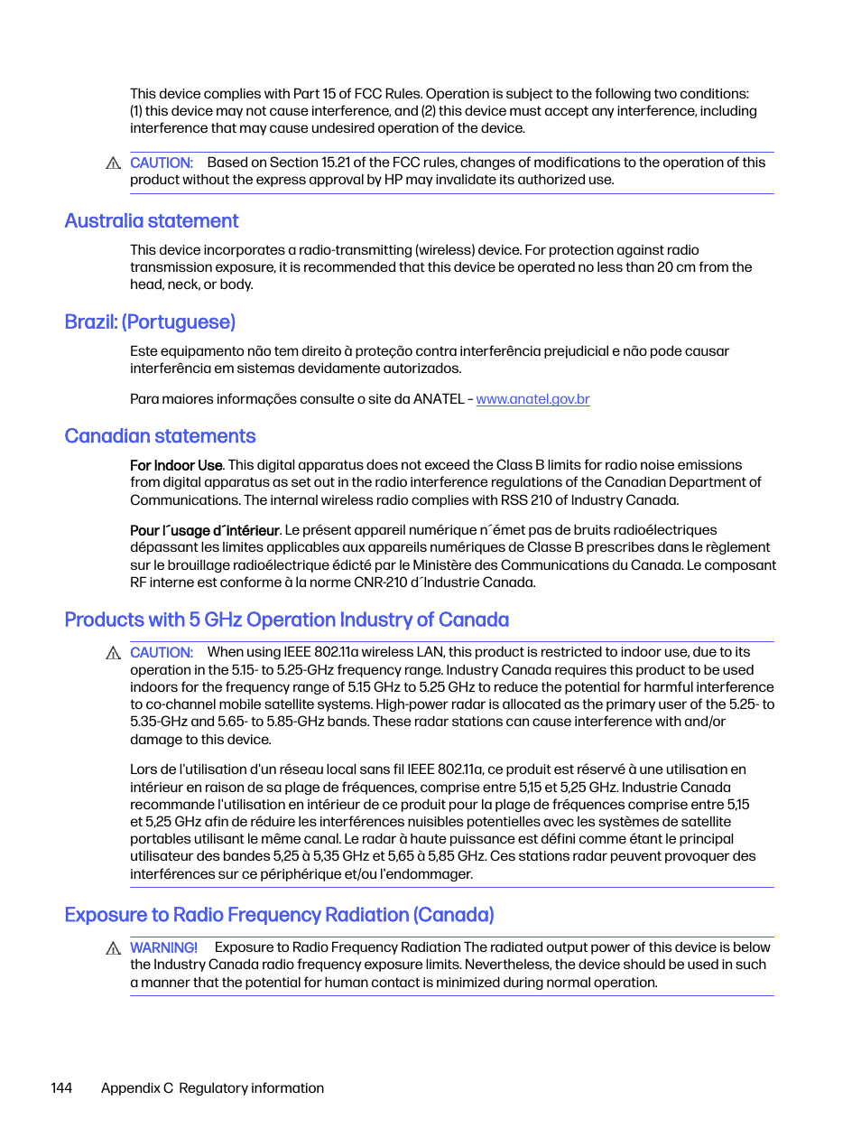 Australia statement, Brazil: (portuguese), Canadian statements | Products with 5 ghz operation industry of canada, Exposure to radio frequency radiation (canada) | HP LaserJet Pro 4001dw Monochrome Wireless Printer User Manual | Page 153 / 158