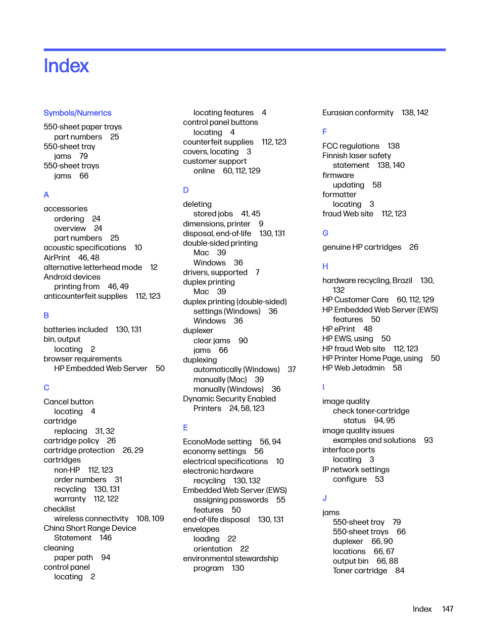 Index | HP LaserJet Pro 4001dw Monochrome Wireless Printer User Manual | Page 156 / 158