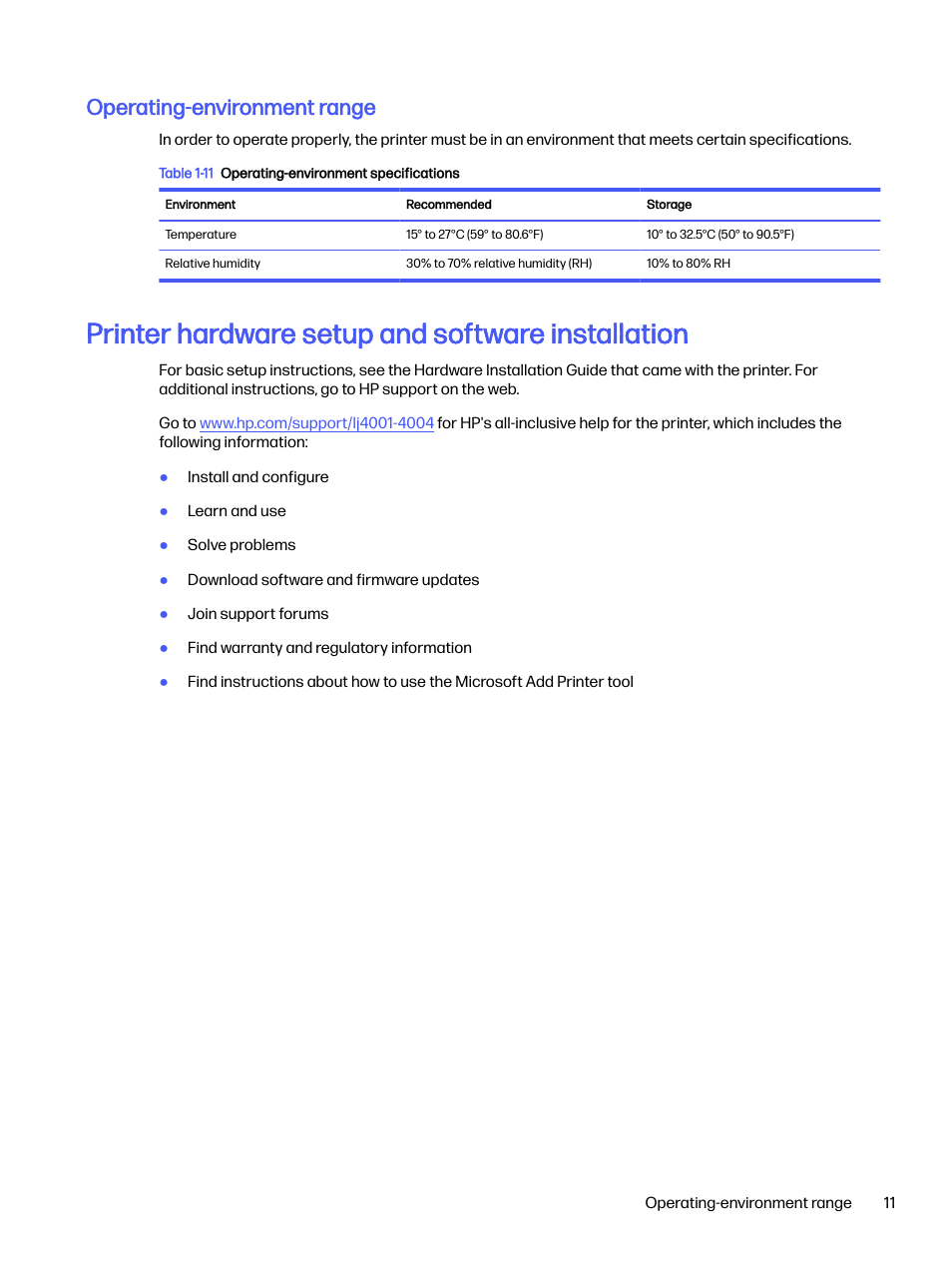 Operating-environment range, Printer hardware setup and software installation | HP LaserJet Pro 4001dw Monochrome Wireless Printer User Manual | Page 20 / 158