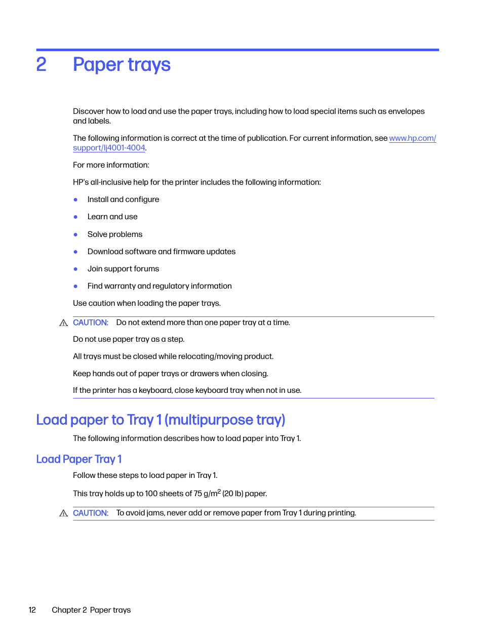 Paper trays, Load paper to tray 1 (multipurpose tray), Load paper tray 1 | 2 paper trays, Paper trays 2 | HP LaserJet Pro 4001dw Monochrome Wireless Printer User Manual | Page 21 / 158