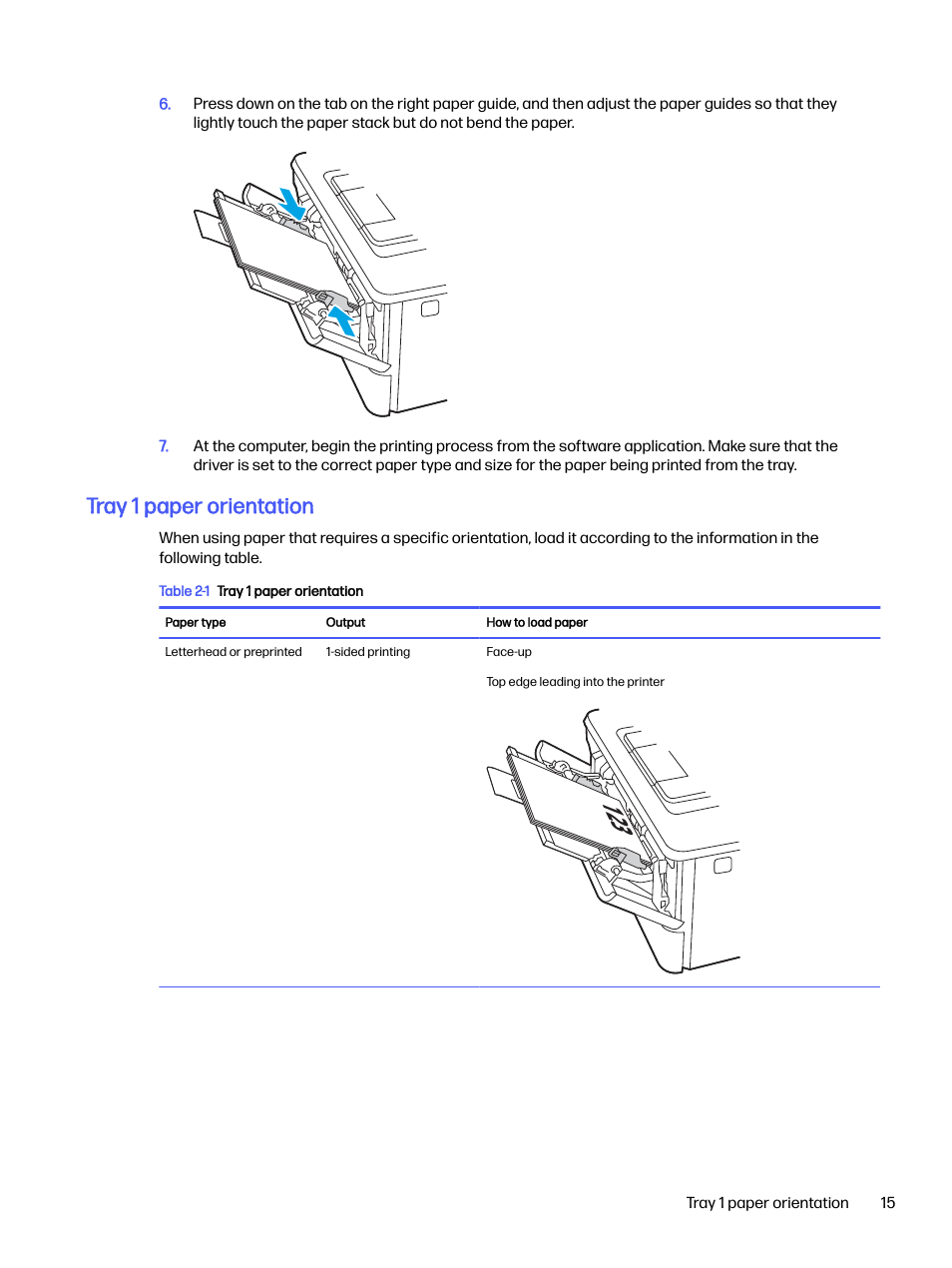 Tray 1 paper orientation | HP LaserJet Pro 4001dw Monochrome Wireless Printer User Manual | Page 24 / 158