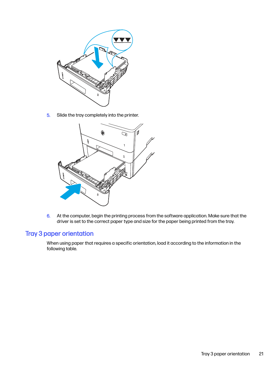 Tray 3 paper orientation | HP LaserJet Pro 4001dw Monochrome Wireless Printer User Manual | Page 30 / 158