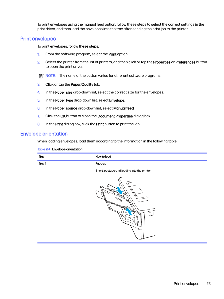 Print envelopes, Envelope orientation | HP LaserJet Pro 4001dw Monochrome Wireless Printer User Manual | Page 32 / 158