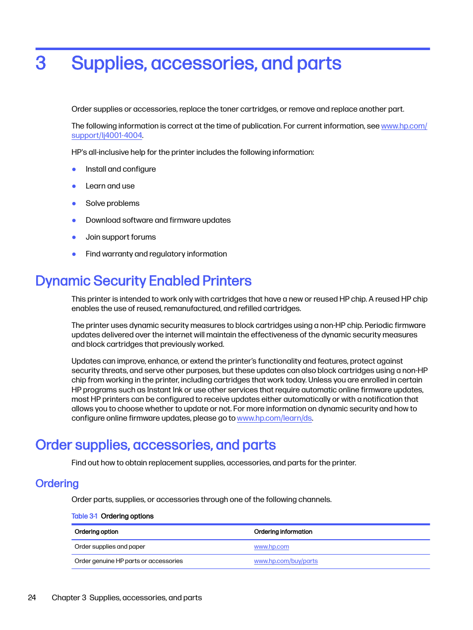 Supplies, accessories, and parts, Dynamic security enabled printers, Order supplies, accessories, and parts | Ordering, 3 supplies, accessories, and parts, Supplies, accessories, and parts 3 | HP LaserJet Pro 4001dw Monochrome Wireless Printer User Manual | Page 33 / 158