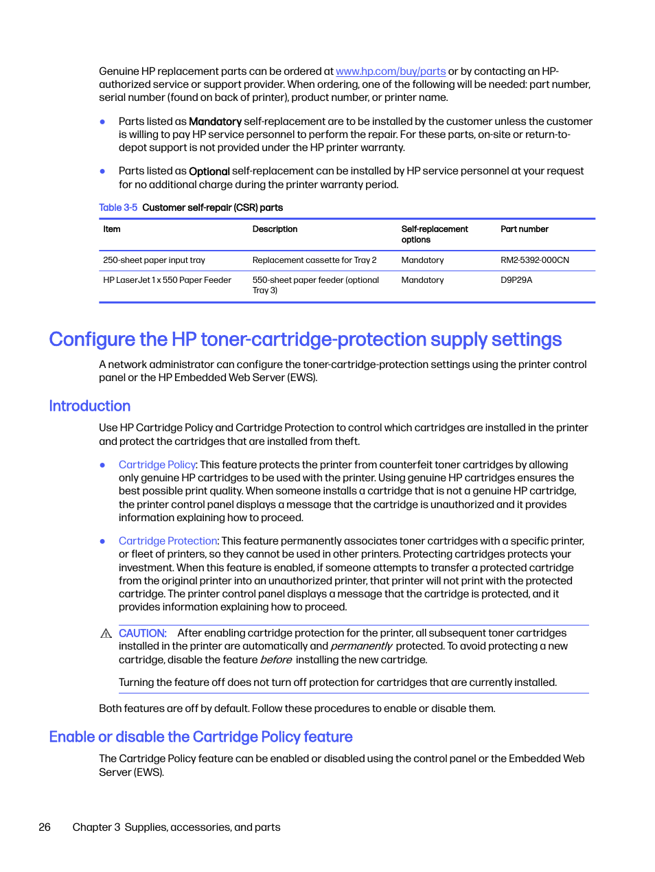 Introduction, Enable or disable the cartridge policy feature | HP LaserJet Pro 4001dw Monochrome Wireless Printer User Manual | Page 35 / 158