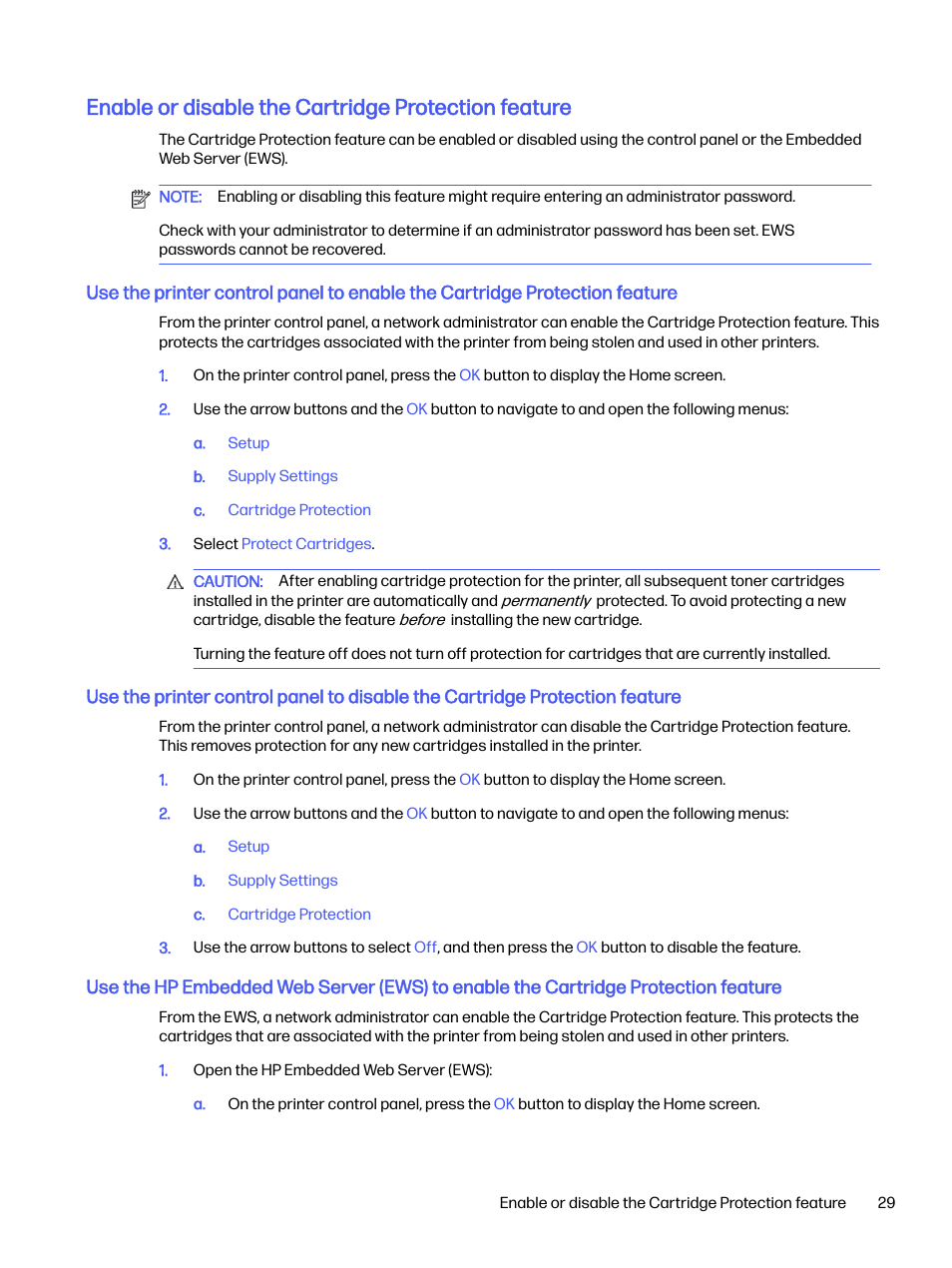 Enable or disable the cartridge protection feature | HP LaserJet Pro 4001dw Monochrome Wireless Printer User Manual | Page 38 / 158