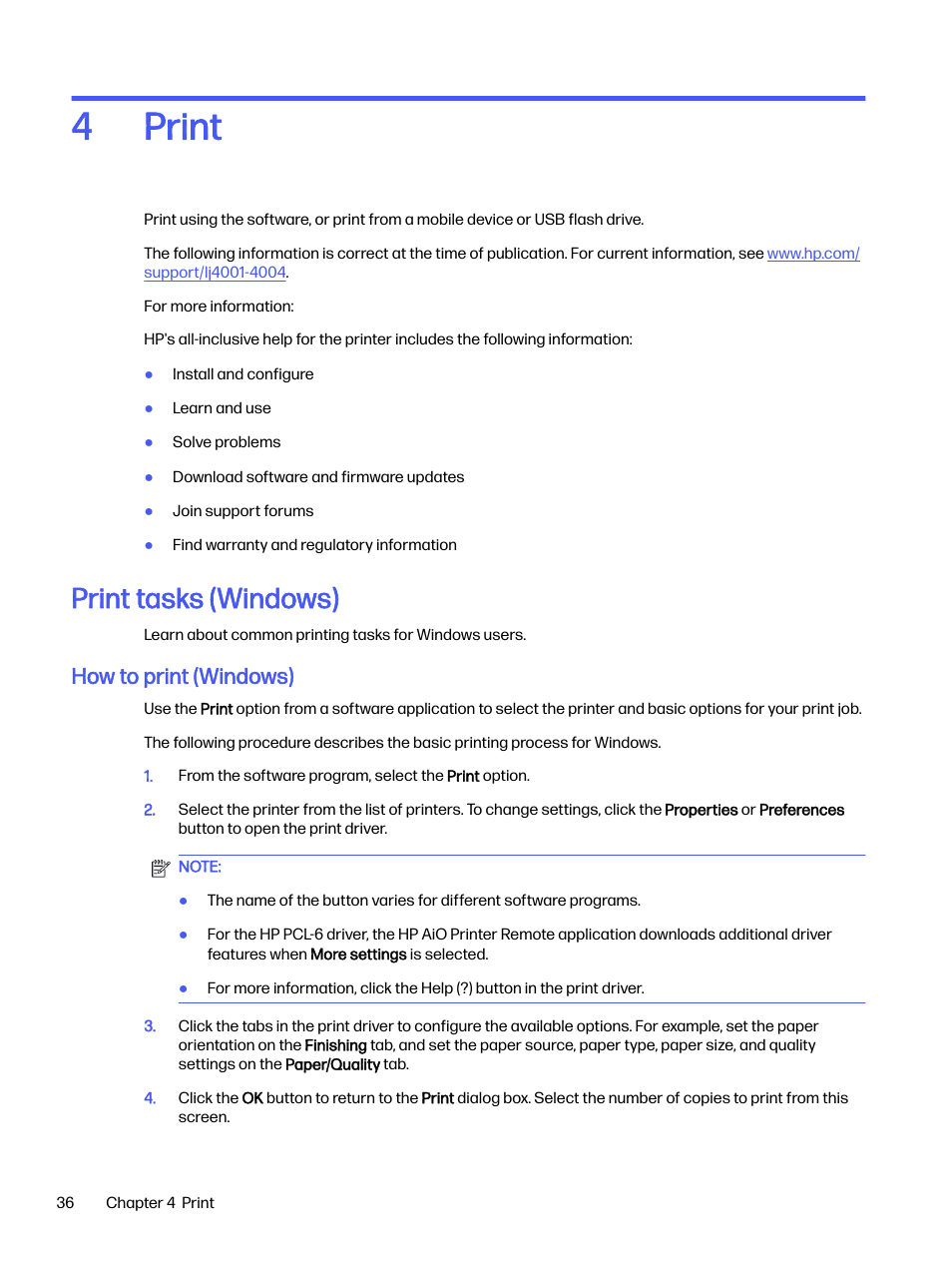 Print, Print tasks (windows), How to print (windows) | 4 print, Print 4 | HP LaserJet Pro 4001dw Monochrome Wireless Printer User Manual | Page 45 / 158