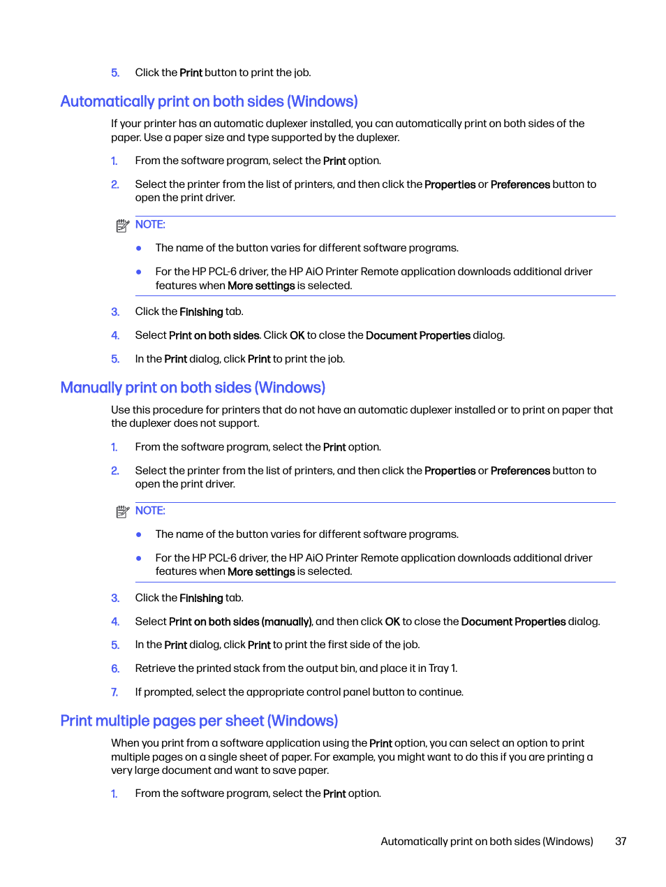 Automatically print on both sides (windows), Manually print on both sides (windows), Print multiple pages per sheet (windows) | HP LaserJet Pro 4001dw Monochrome Wireless Printer User Manual | Page 46 / 158